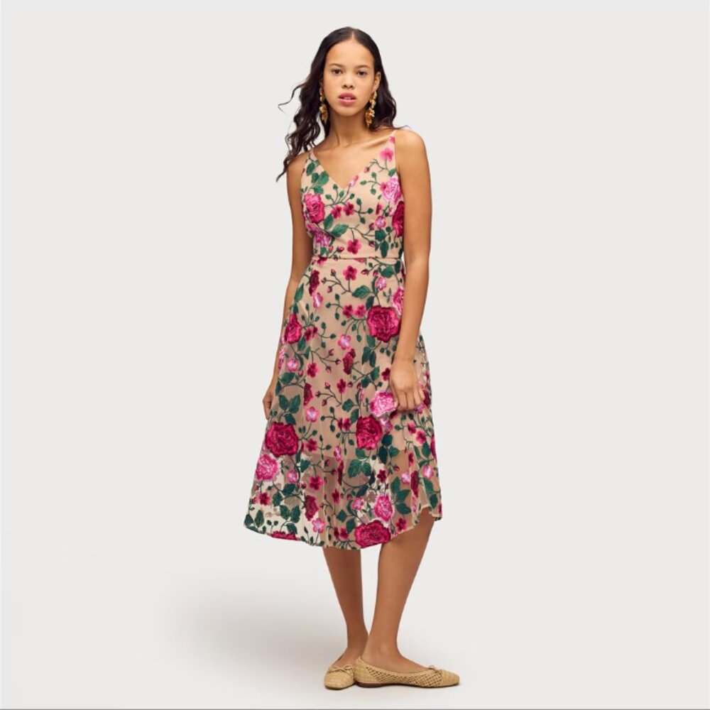 Pink Rose Embroidery V-neck Midi Dress by Sam Edelman, NWT